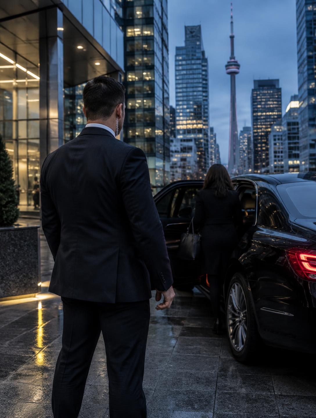 Executive protection professional overseeing a discreet arrival in Toronto