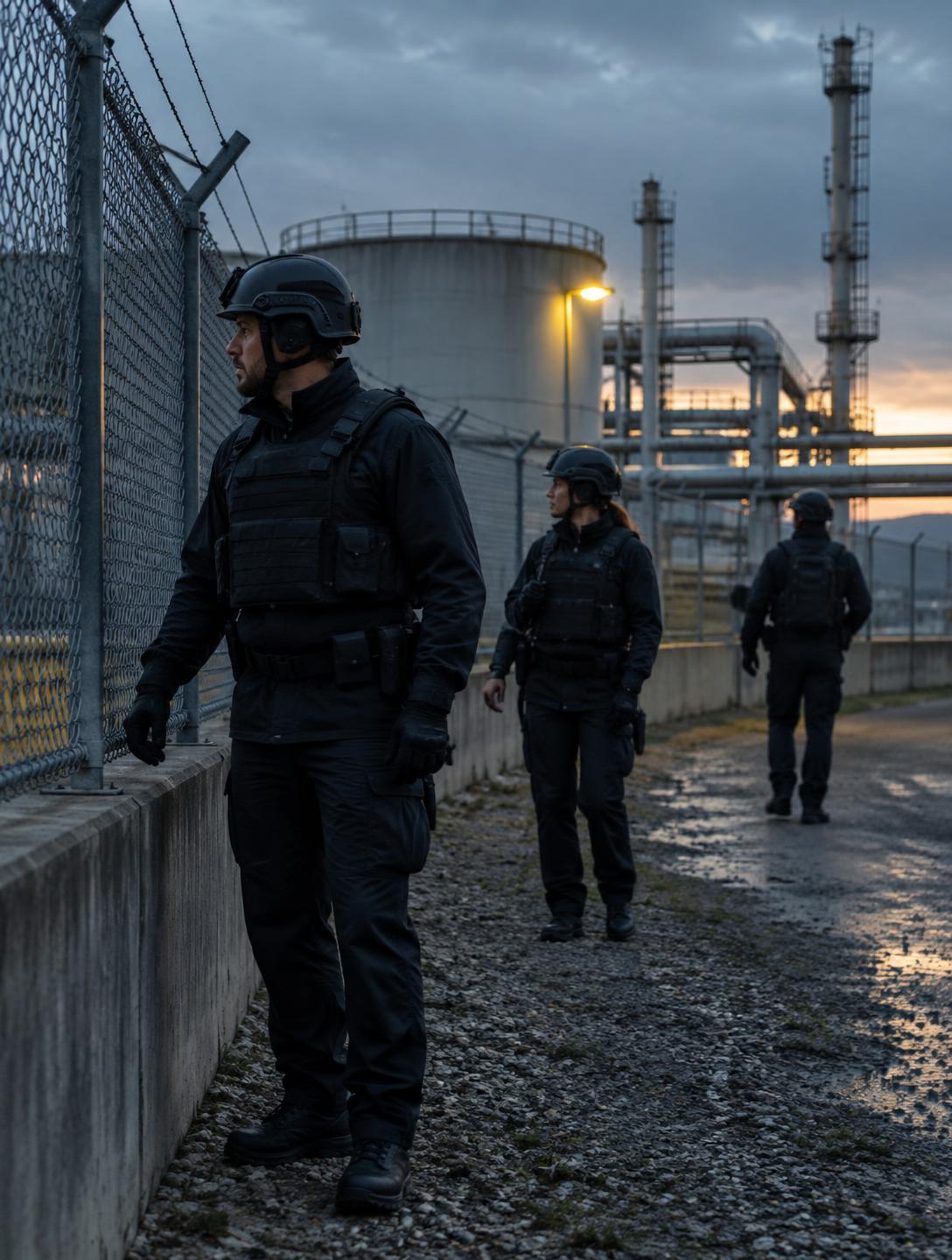 Professional security team assessing an industrial facility perimeter