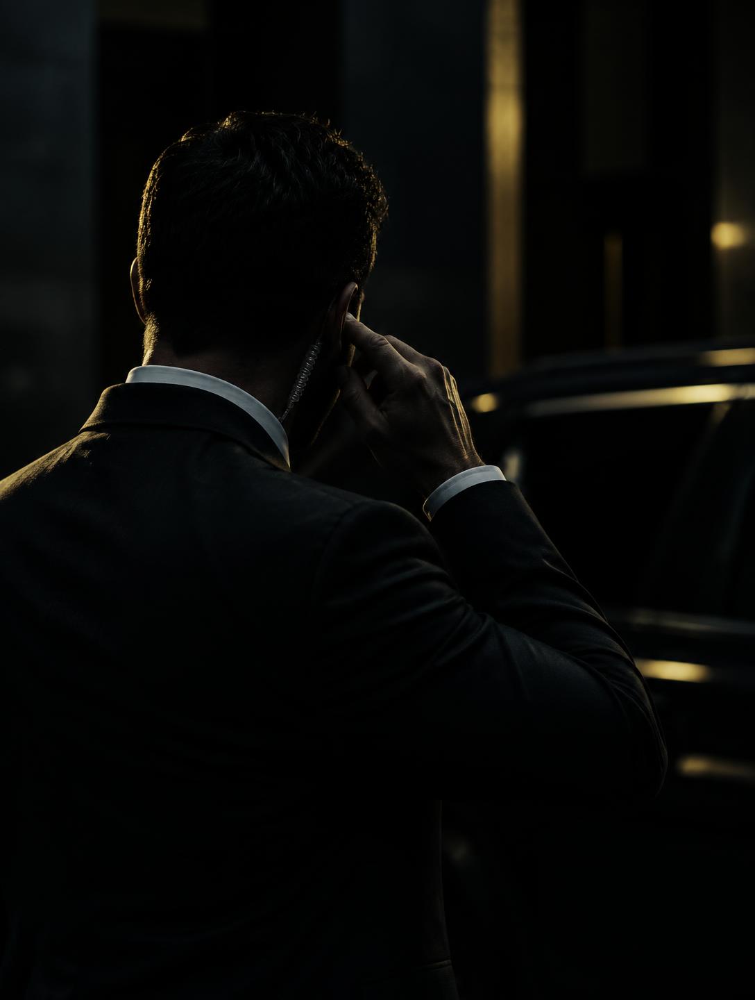 Anonymous protection specialist in a dark suit adjusting a covert earpiece
