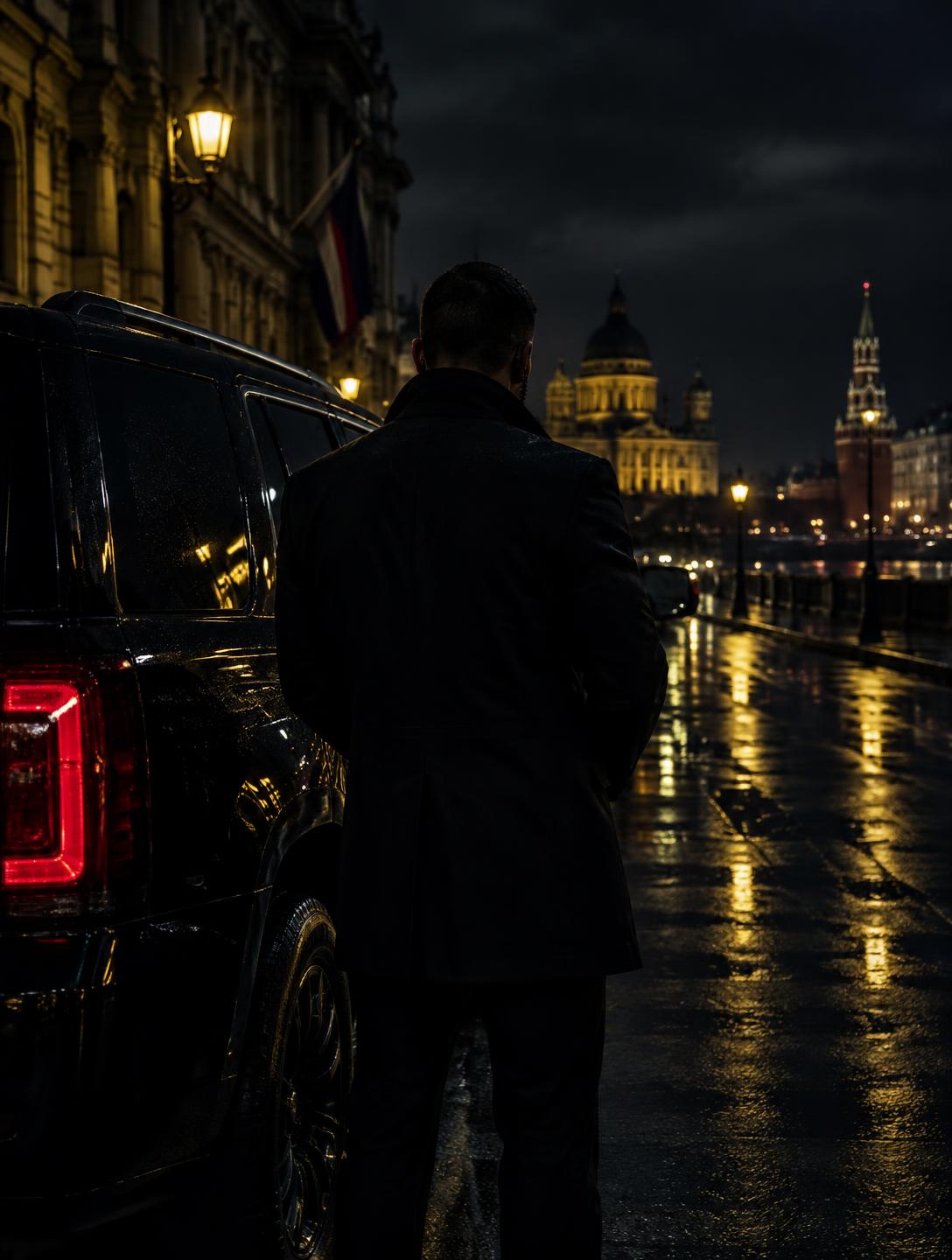 Anonymous security professional beside a black vehicle on a foreign street at night