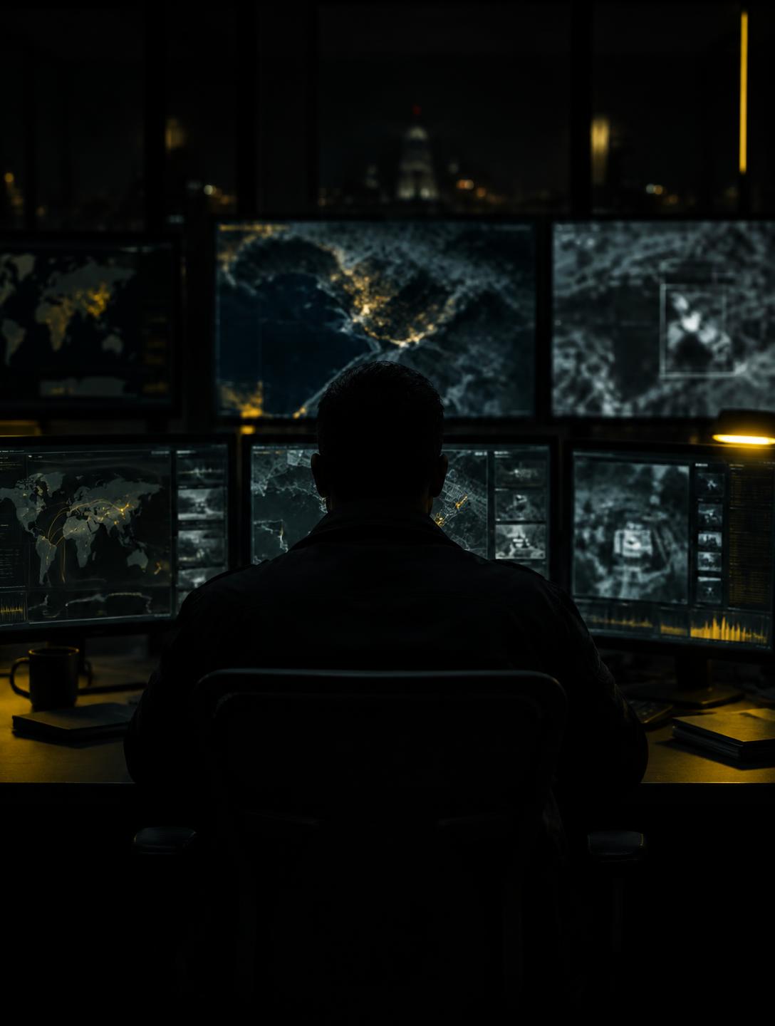 Anonymous analyst at a dim intelligence workstation with map displays