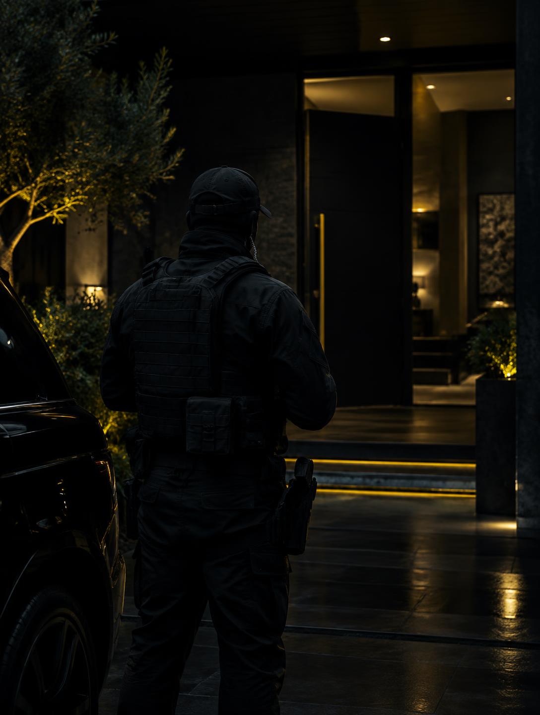 Anonymous close protection officer in tactical gear at a modern residence entrance at night