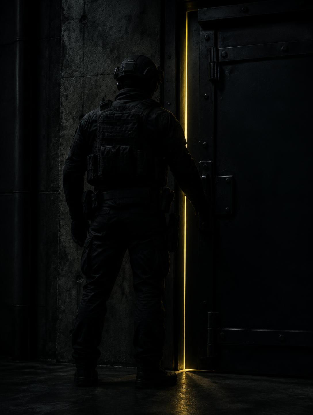 Anonymous tactical officer in dark gear at a reinforced industrial doorway
